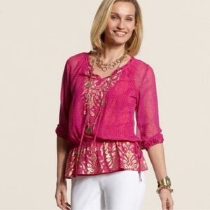 Chico’s gold metallic print ruffled hem top